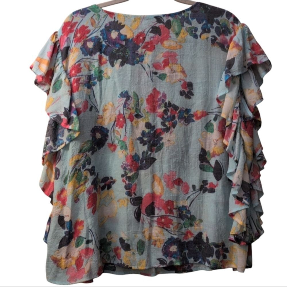 NWT Zac & Rachel women's aqua floral watercolor top flutter sleeves size 1X - Picture 2 of 7
